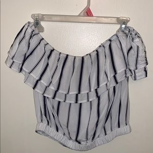 White w/ navy blue striped off the shoulder crop
